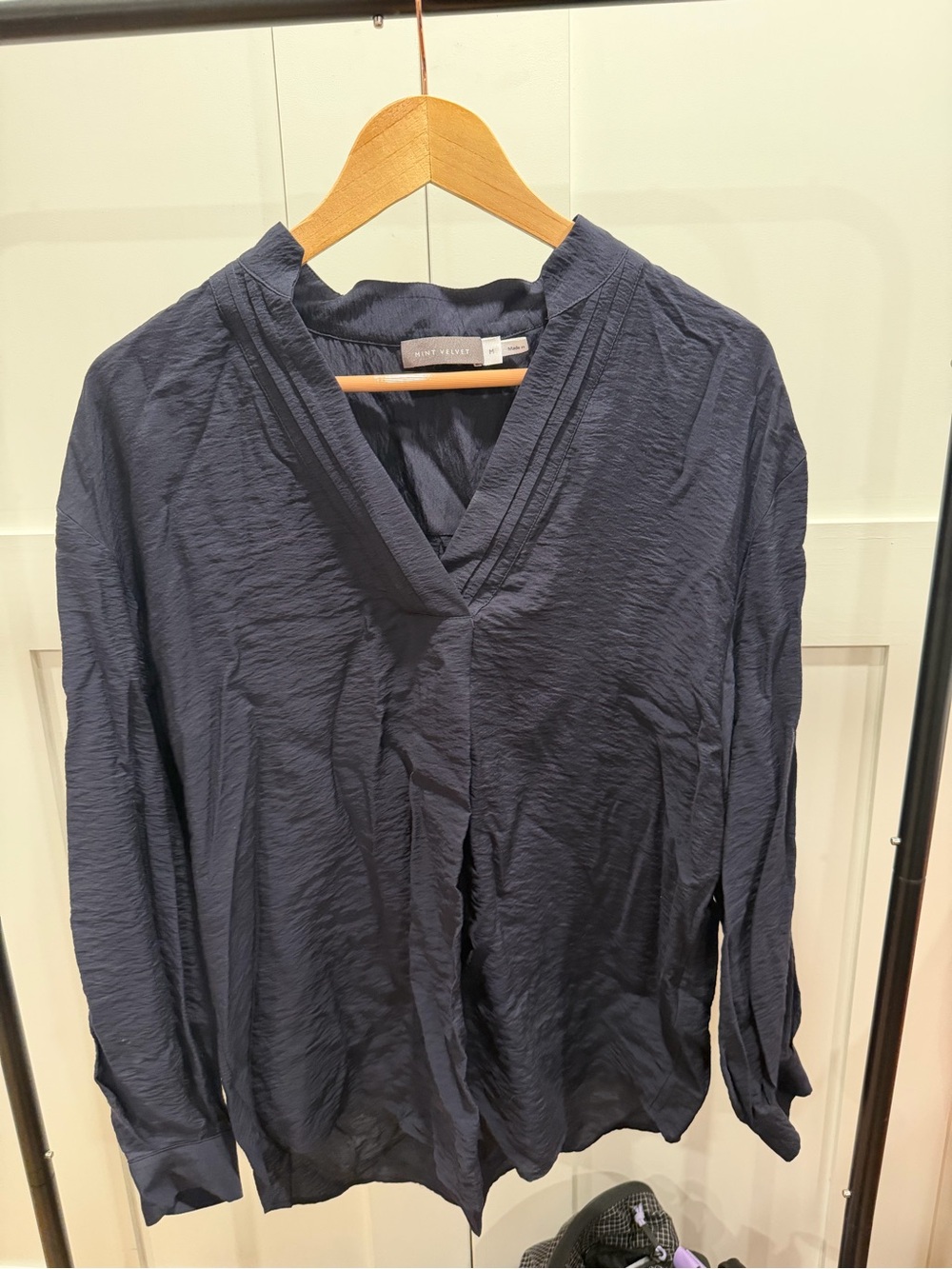 Mint Velvet Navy Textured V-Neck Long Sleeve Blouse